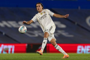 Madrid, İspanya - 19 Ekim 2025: Getafe FC ile Real Madrid arasındaki Liga maçı Getafe 'de oynandı. Maç sırasında Real Madrid oyuncuları. Profesyonel futbol. EA Spor Ligi 2025, 2026.