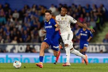 Madrid, İspanya - 19 Ekim 2025: Getafe FC ile Real Madrid arasındaki Liga maçı Getafe 'de oynandı. Maç sırasında Real Madrid oyuncuları. Profesyonel futbol. EA Spor Ligi 2025, 2026.