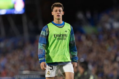 Madrid, İspanya - 19 Ekim 2025: Getafe FC ile Real Madrid arasındaki Liga maçı Getafe 'de oynandı. Maç sırasında Real Madrid oyuncuları. Profesyonel futbol. EA Spor Ligi 2025, 2026.
