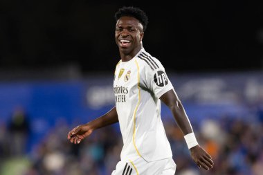 Madrid, İspanya - 19 Ekim 2025: Getafe FC ile Real Madrid arasındaki Liga maçı Getafe 'de oynandı. Maç sırasında Real Madrid oyuncuları. Profesyonel futbol. EA Spor Ligi 2025, 2026.