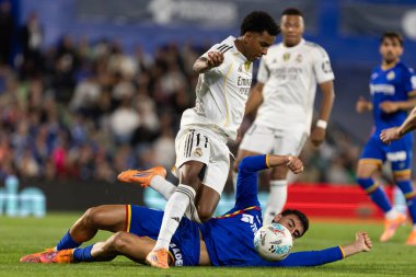 Madrid, İspanya - 19 Ekim 2025: Getafe FC ile Real Madrid arasındaki Liga maçı Getafe 'de oynandı. Maç sırasında Real Madrid oyuncuları. Profesyonel futbol. EA Spor Ligi 2025, 2026.