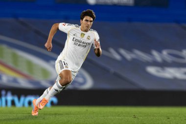 Madrid, İspanya - 19 Ekim 2025: Getafe FC ile Real Madrid arasındaki Liga maçı Getafe 'de oynandı. Maç sırasında Real Madrid oyuncuları. Profesyonel futbol. EA Spor Ligi 2025, 2026.