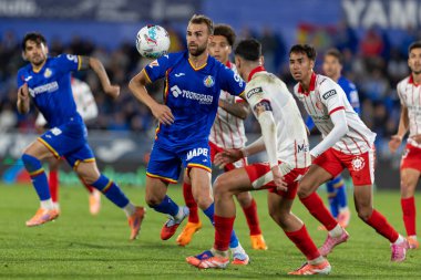 Madrid, İspanya - 31 Ekim 2025: Getafe FC ile Girona FC arasındaki lig maçı Madrid 'de oynandı. Maç sırasında Getafe oyuncuları. EA Spor Ligi.