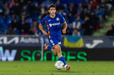 Madrid, İspanya - 31 Ekim 2025: Getafe FC ile Girona FC arasındaki lig maçı Madrid 'de oynandı. Maç sırasında Getafe oyuncuları. EA Spor Ligi.