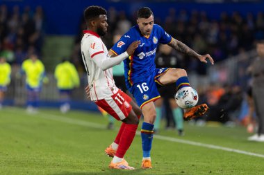 Madrid, İspanya - 31 Ekim 2025: Getafe FC ile Girona FC arasındaki lig maçı Madrid 'de oynandı. Maç sırasında Getafe oyuncuları. EA Spor Ligi.