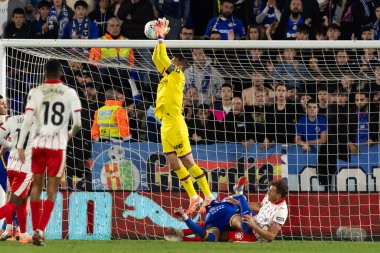 Madrid, İspanya - 31 Ekim 2025: Getafe FC ile Girona FC arasındaki lig maçı Madrid 'de oynandı. Maç sırasında Getafe oyuncuları. EA Spor Ligi.