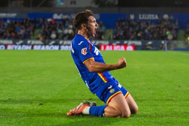 Madrid, İspanya - 31 Ekim 2025: Getafe FC ile Girona FC arasındaki lig maçı Madrid 'de oynandı. Maç sırasında Getafe oyuncuları. EA Spor Ligi.