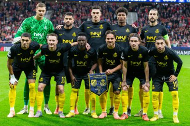 Madrid, İspanya - 4 Kasım 2025: Atletico Madrid ile Union St. Gilloise arasında oynanan UEFA Şampiyonlar Ligi maçı. Maç sırasında Union St. Gilloise oyuncuları.