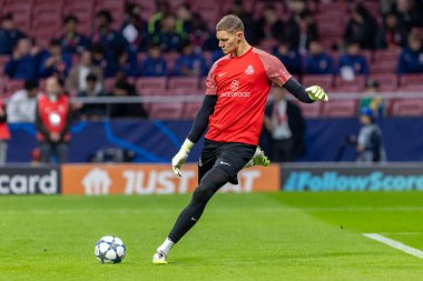 Madrid, İspanya - 4 Kasım 2025: Atletico Madrid ile Union St. Gilloise arasında oynanan UEFA Şampiyonlar Ligi maçı. Maç sırasında Union St. Gilloise oyuncuları.