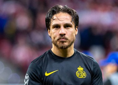 Madrid, İspanya - 4 Kasım 2025: Atletico Madrid ile Union St. Gilloise arasında oynanan UEFA Şampiyonlar Ligi maçı. Maç sırasında Union St. Gilloise oyuncuları.