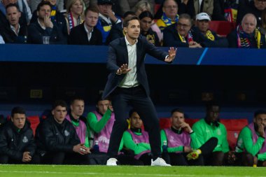 Madrid, İspanya - 4 Kasım 2025: Atletico Madrid ile Union St. Gilloise arasında oynanan UEFA Şampiyonlar Ligi maçı. Maç sırasında Union St. Gilloise oyuncuları.