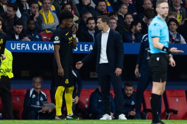 Madrid, İspanya - 4 Kasım 2025: Atletico Madrid ile Union St. Gilloise arasında oynanan UEFA Şampiyonlar Ligi maçı. Maç sırasında Union St. Gilloise oyuncuları.