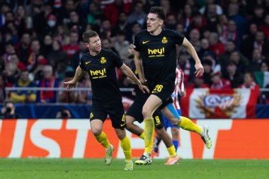 Madrid, İspanya - 4 Kasım 2025: Atletico Madrid ile Union St. Gilloise arasında oynanan UEFA Şampiyonlar Ligi maçı. Maç sırasında Union St. Gilloise oyuncuları.