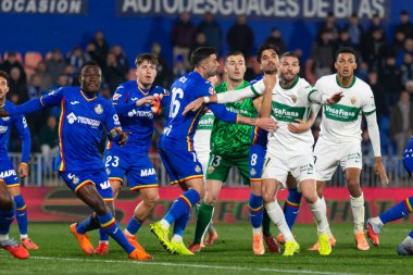 Madrid, Spain - November 28, 2025: League match between Getafe CF and Elche CF played in Getafe. Elche CF players during the match. EA SPORTS League 2025.