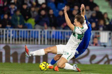 Madrid, Spain - November 28, 2025: League match between Getafe CF and Elche CF played in Getafe. Elche CF players during the match. EA SPORTS League 2025.
