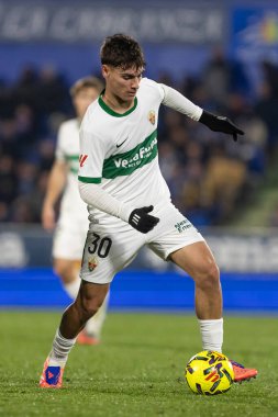 Madrid, İspanya - 28 Kasım 2025: Getafe CF ile Elche CF arasındaki lig maçı Getafe 'de oynandı. Maç sırasında Elche CF oyuncuları. EA Spor Ligi 2025.