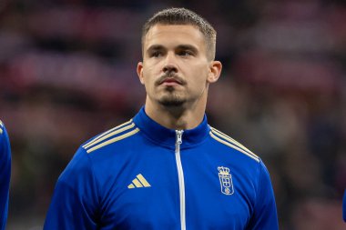 Madrid, İspanya - 29 Kasım 2025: Atletico Madrid ile Real Oviedo arasındaki lig maçı Madrid 'de oynandı. Maç sırasında Oviedo oyuncuları. EA Spor Ligi 2025.
