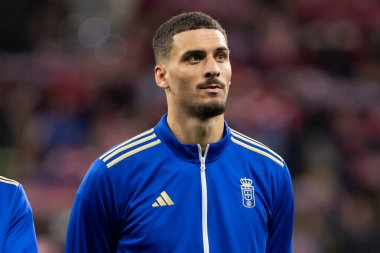 Madrid, İspanya - 29 Kasım 2025: Atletico Madrid ile Real Oviedo arasındaki lig maçı Madrid 'de oynandı. Maç sırasında Oviedo oyuncuları. EA Spor Ligi 2025.