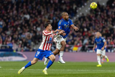 Madrid, İspanya - 29 Kasım 2025: Atletico Madrid ile Real Oviedo arasındaki lig maçı Madrid 'de oynandı. Maç sırasında Oviedo oyuncuları. EA Spor Ligi 2025.