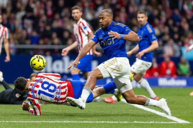 Madrid, İspanya - 29 Kasım 2025: Atletico Madrid ile Real Oviedo arasındaki lig maçı Madrid 'de oynandı. Maç sırasında Oviedo oyuncuları. EA Spor Ligi 2025.