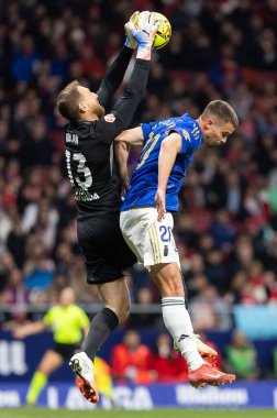 Madrid, İspanya - 29 Kasım 2025: Atletico Madrid ile Real Oviedo arasındaki lig maçı Madrid 'de oynandı. Maç sırasında Oviedo oyuncuları. EA Spor Ligi 2025.