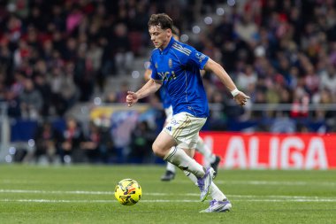 Madrid, İspanya - 29 Kasım 2025: Atletico Madrid ile Real Oviedo arasındaki lig maçı Madrid 'de oynandı. Maç sırasında Oviedo oyuncuları. EA Spor Ligi 2025.