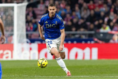 Madrid, İspanya - 29 Kasım 2025: Atletico Madrid ile Real Oviedo arasındaki lig maçı Madrid 'de oynandı. Maç sırasında Oviedo oyuncuları. EA Spor Ligi 2025.