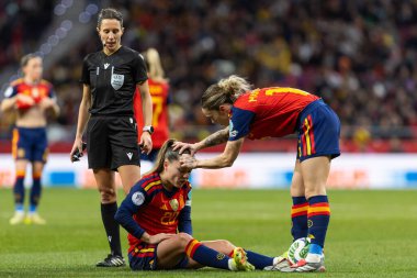 Madrid, İspanya - 2 Aralık 2025: İspanya ile Almanya arasındaki Kadınlar Milletler Ligi Finali, Madrid 'de oynandı. Maç boyunca İspanyol milli takımının oyuncuları.