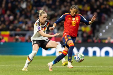 Madrid, İspanya - 2 Aralık 2025: İspanya ile Almanya arasındaki Kadınlar Milletler Ligi Finali, Madrid 'de oynandı. Maç boyunca İspanyol milli takımının oyuncuları.