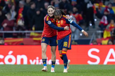 Madrid, İspanya - 2 Aralık 2025: İspanya ile Almanya arasındaki Kadınlar Milletler Ligi Finali, Madrid 'de oynandı. Maç boyunca İspanyol milli takımının oyuncuları.