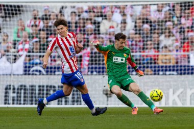 Madrid, İspanya - 13 Aralık 2025: Madrid 'de Atletico Madrid ile Valencia CF arasında oynanan lig maçı. Valencia FC oyuncuları maç sırasında. EA Spor Ligi.