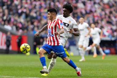 Madrid, İspanya - 13 Aralık 2025: Madrid 'de Atletico Madrid ile Valencia CF arasında oynanan lig maçı. Maç sırasında Atletico Madrid oyuncuları. EA Spor Ligi.