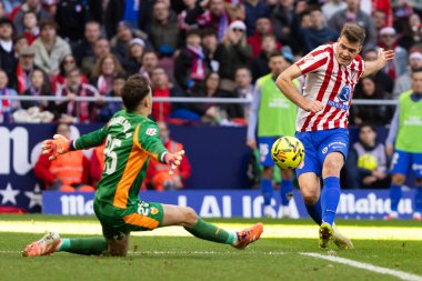Madrid, İspanya - 13 Aralık 2025: Madrid 'de Atletico Madrid ile Valencia CF arasında oynanan lig maçı. Maç sırasında Atletico Madrid oyuncuları. EA Spor Ligi.