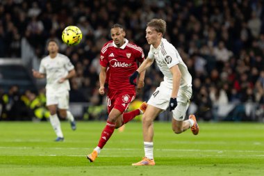 Madrid, İspanya - 20 Aralık 2025: Real Madrid ile Sevilla FC arasındaki lig maçı Madrid 'de oynandı. Maç sırasında Real Madrid oyuncuları. EA Spor Ligi 2025.