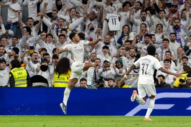 Madrid, İspanya - 20 Aralık 2025: Real Madrid ile Sevilla FC arasındaki lig maçı Madrid 'de oynandı. Maç sırasında Real Madrid oyuncuları. EA Spor Ligi 2025.