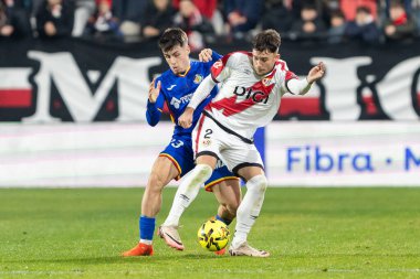 Madrid, İspanya - 2 Ocak 2026: Rayo Vallecano ile Getafe FC arasındaki lig maçı Vallecas 'ta oynandı. Madrid Derbisi. Futbolcular. EA Spor Ligi.