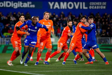 Madrid, İspanya - 9 Ocak 2026: Getafe CF ile Real Sociedad arasındaki lig maçı Madrid 'de oynandı. Maç sırasında gerçek Sociedad oyuncuları. EA Spor Ligi 2026. İspanyol futbolu.