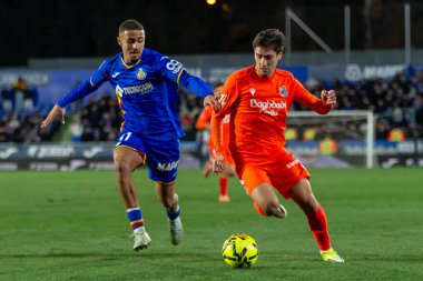 Madrid, İspanya - 9 Ocak 2026: Getafe CF ile Real Sociedad arasındaki lig maçı Madrid 'de oynandı. Maç sırasında gerçek Sociedad oyuncuları. EA Spor Ligi 2026. İspanyol futbolu.