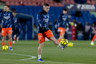 Madrid, İspanya - 9 Ocak 2026: Getafe CF ile Real Sociedad arasındaki lig maçı Madrid 'de oynandı. Maç sırasında gerçek Sociedad oyuncuları. EA Spor Ligi 2026. İspanyol futbolu.