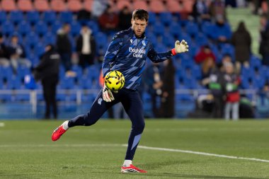 Madrid, İspanya - 9 Ocak 2026: Getafe CF ile Real Sociedad arasındaki lig maçı Madrid 'de oynandı. Maç sırasında gerçek Sociedad oyuncuları. EA Spor Ligi 2026. İspanyol futbolu.