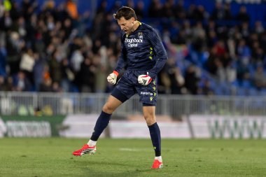 Madrid, İspanya - 9 Ocak 2026: Getafe CF ile Real Sociedad arasındaki lig maçı Madrid 'de oynandı. Maç sırasında gerçek Sociedad oyuncuları. EA Spor Ligi 2026. İspanyol futbolu.