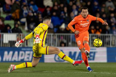 Madrid, İspanya - 9 Ocak 2026: Getafe CF ile Real Sociedad arasındaki lig maçı Madrid 'de oynandı. Maç sırasında gerçek Sociedad oyuncuları. EA Spor Ligi 2026. İspanyol futbolu.