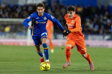 Madrid, İspanya - 9 Ocak 2026: Getafe CF ile Real Sociedad arasındaki lig maçı Madrid 'de oynandı. Maç sırasında Getafe CF oyuncuları. EA Spor Ligi 2026. İspanyol futbolu.