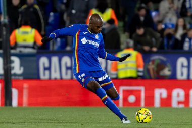 Madrid, İspanya - 9 Ocak 2026: Getafe CF ile Real Sociedad arasındaki lig maçı Madrid 'de oynandı. Maç sırasında Getafe CF oyuncuları. EA Spor Ligi 2026. İspanyol futbolu.