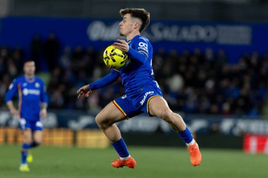 Madrid, İspanya - 9 Ocak 2026: Getafe CF ile Real Sociedad arasındaki lig maçı Madrid 'de oynandı. Maç sırasında Getafe CF oyuncuları. EA Spor Ligi 2026. İspanyol futbolu.
