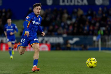 Madrid, İspanya - 9 Ocak 2026: Getafe CF ile Real Sociedad arasındaki lig maçı Madrid 'de oynandı. Maç sırasında Getafe CF oyuncuları. EA Spor Ligi 2026. İspanyol futbolu.