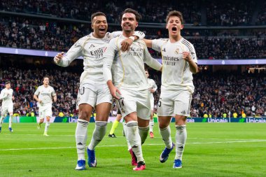 Madrid, İspanya - 17 Ocak 2026: Real Madrid ile Levante FC arasındaki lig maçı Santiago Bernabeu 'da oynandı. Maç sırasında Real Madrid oyuncuları.