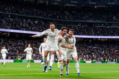 Madrid, İspanya - 17 Ocak 2026: Real Madrid ile Levante FC arasındaki lig maçı Santiago Bernabeu 'da oynandı. Maç sırasında Real Madrid oyuncuları.