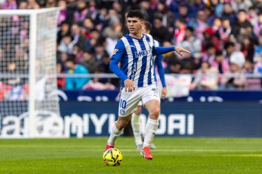 Madrid, İspanya - 19 Ocak 2026: Madrid 'de Atletico Madrid ile Alaves arasında oynanan lig maçı. Maç sırasında Alaves oyuncuları. EA Spor Ligi 2026. İspanyol futbolu.