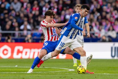 Madrid, İspanya - 19 Ocak 2026: Madrid 'de Atletico Madrid ile Alaves arasında oynanan lig maçı. Maç sırasında Alaves oyuncuları. EA Spor Ligi 2026. İspanyol futbolu.